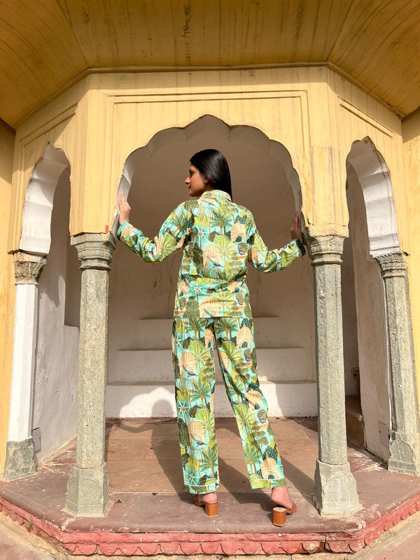 Green Floral Pure Cotton Pajama Set Soft Indian Nightwear & Bridesmaid Gift