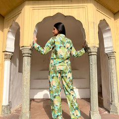 Green Floral Pure Cotton Pajama Set Soft Indian Nightwear & Bridesmaid Gift