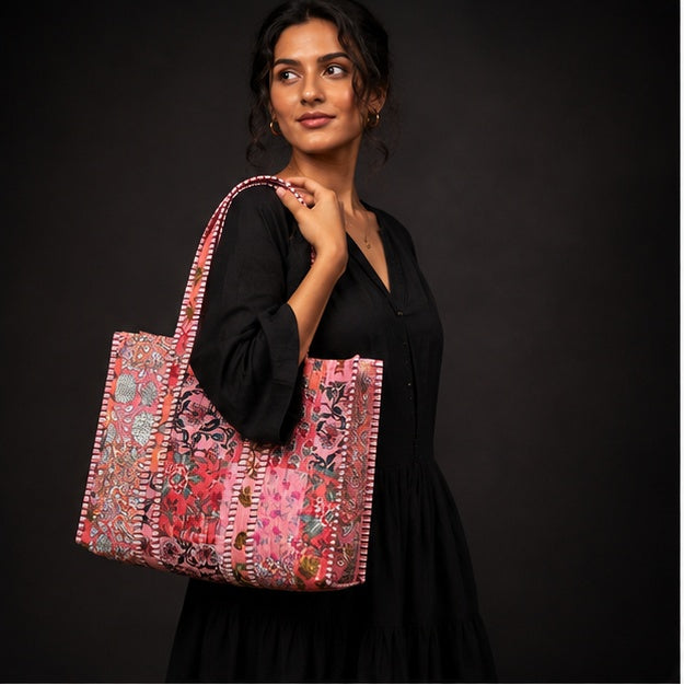 Reversible Quilted Cotton Peach Patchwork Tote Bag with Interior Pocket - kraafty-com
