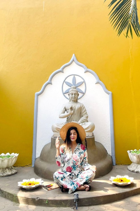 White Floral Cotton Pajama Set - Soft Indian Nightwear | Pure Cotton PJ's & Bridesmaid Gift for Her