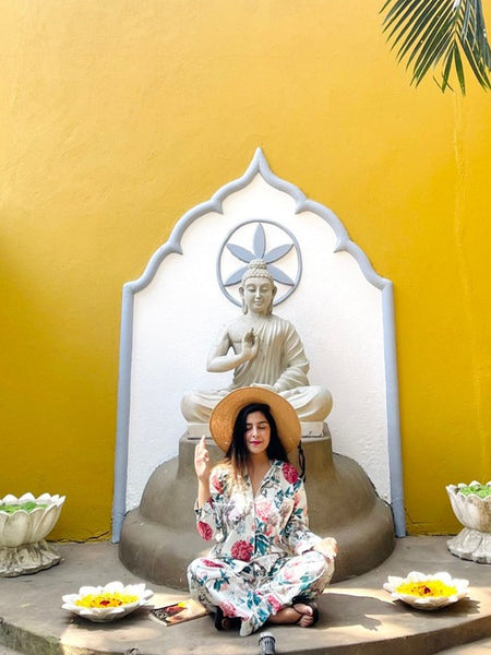 White Floral Cotton Pajama Set - Soft Indian Nightwear | Pure Cotton PJ's & Bridesmaid Gift for Her