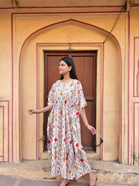 100% Cotton White Floral Kaftan Indian Vintage Maxifor Beach or Lounge