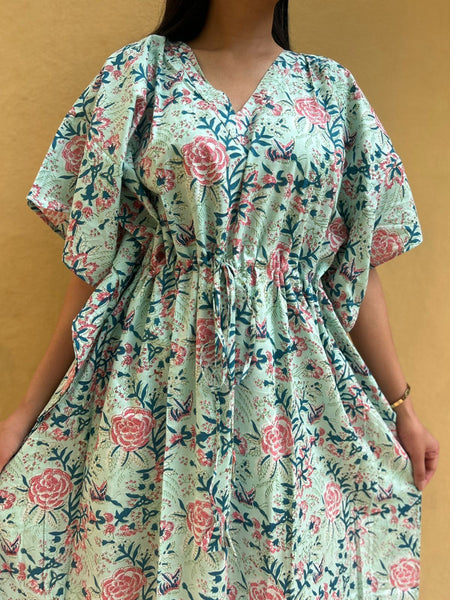 100% Cotton GREEN Floral Kaftan Indian Vintage Maxi for Beach or Lounge