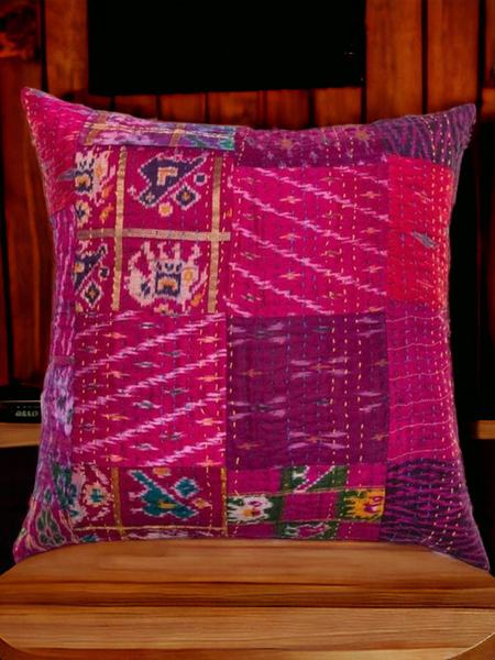 Handmade Indian Embroidered Patchwork Cotton Cushion Cover - 16x16 Inch (40x40 cm) - Artisan Home Decor for Sofa, Couch, Floor, Meditation & Ottoman - 5