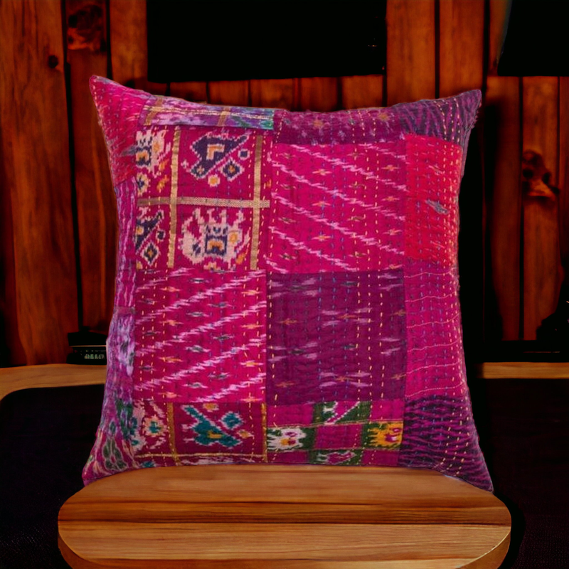 Handmade Indian Embroidered Patchwork Cotton Cushion Cover - 16x16 Inch (40x40 cm) - Artisan Home Decor for Sofa, Couch, Floor, Meditation & Ottoman - 5