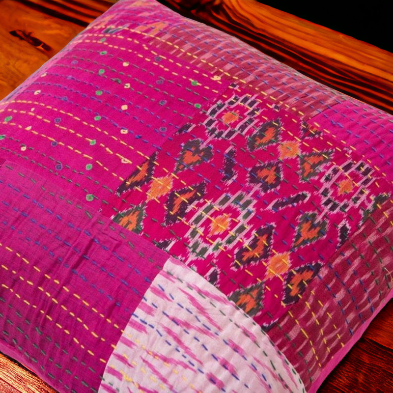 Handmade Indian Embroidered Patchwork Cotton Cushion Cover - 16x16 Inch (40x40 cm) - Artisan Home Decor for Sofa, Couch, Floor, Meditation & Ottoman - 5