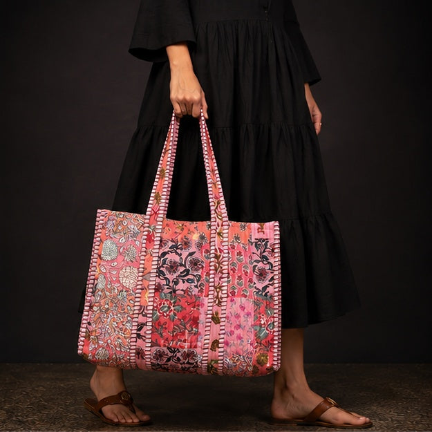 Reversible Quilted Cotton Peach Patchwork Tote Bag with Interior Pocket - kraafty-com