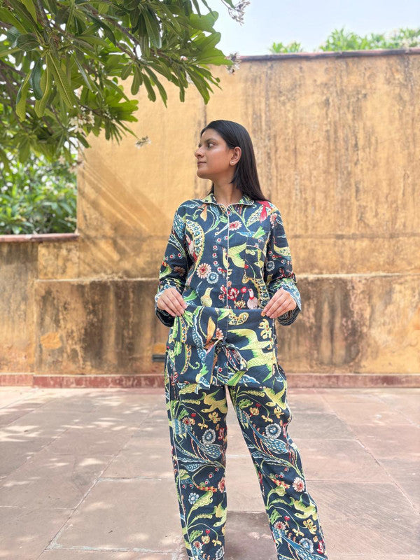 Cotton NAVY BLUE Floral Pajama Set Soft Indian Nightwear for Bridesmaids