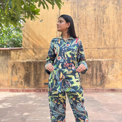 Cotton NAVY BLUE Floral Pajama Set Soft Indian Nightwear for Bridesmaids