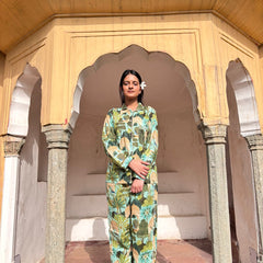 Green Floral Pure Cotton Pajama Set Soft Indian Nightwear & Bridesmaid Gift
