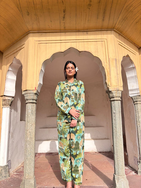 Green Floral Pure Cotton Pajama Set Soft Indian Nightwear & Bridesmaid Gift