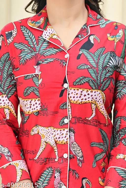 Red tiger print Cotton Pajama Set - Soft Indian Nightwear | Pure Cotton PJ's & Bridesmaid Gift for Her