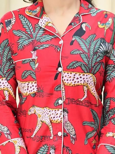 Red tiger print Cotton Pajama Set - Soft Indian Nightwear | Pure Cotton PJ's & Bridesmaid Gift for Her