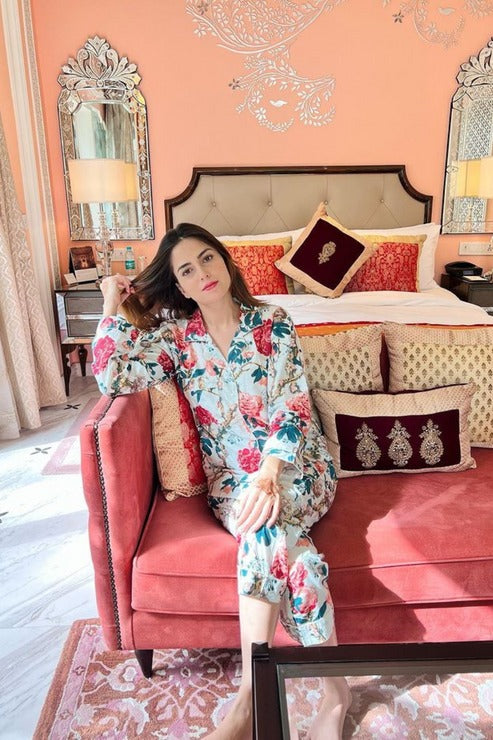 White Floral Cotton Pajama Set - Soft Indian Nightwear | Pure Cotton PJ's & Bridesmaid Gift for Her