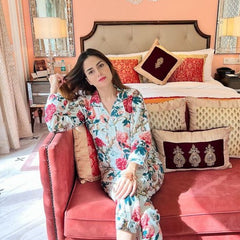 White Floral Cotton Pajama Set - Soft Indian Nightwear | Pure Cotton PJ's & Bridesmaid Gift for Her