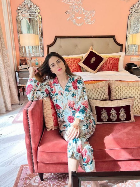 White Floral Cotton Pajama Set - Soft Indian Nightwear | Pure Cotton PJ's & Bridesmaid Gift for Her