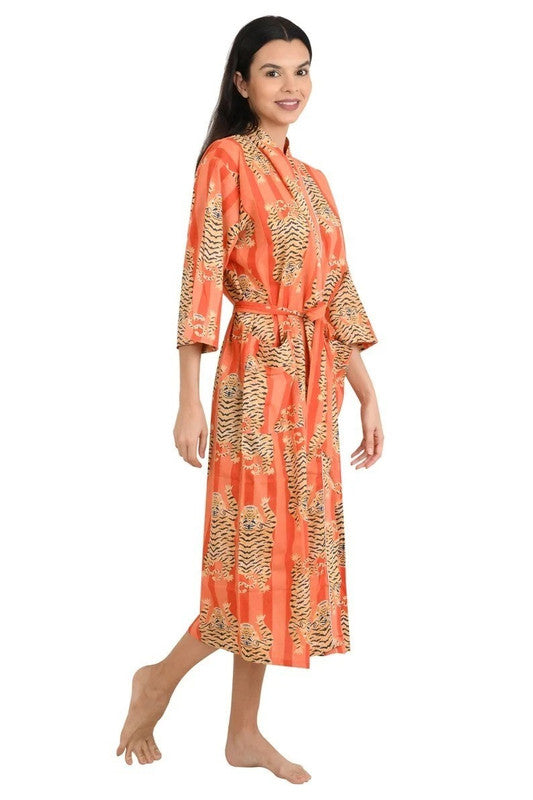Orange Tiger and Monkey Print Cotton Kimono Robe - Hand Block Printed Animal Pattern Dressing Gown