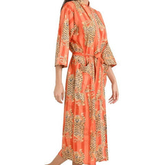 Orange Tiger and Monkey Print Cotton Kimono Robe - Hand Block Printed Animal Pattern Dressing Gown