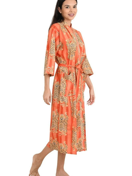 Orange Tiger and Monkey Print Cotton Kimono Robe - Hand Block Printed Animal Pattern Dressing Gown