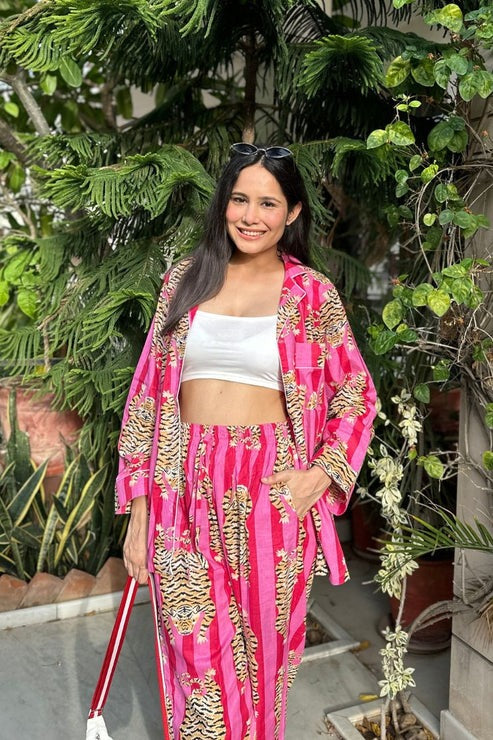 Pink Tiger Print Cotton Pajama Set - Soft Indian Nightwear | Pure Cotton PJ's & Bridesmaid Gift for Her