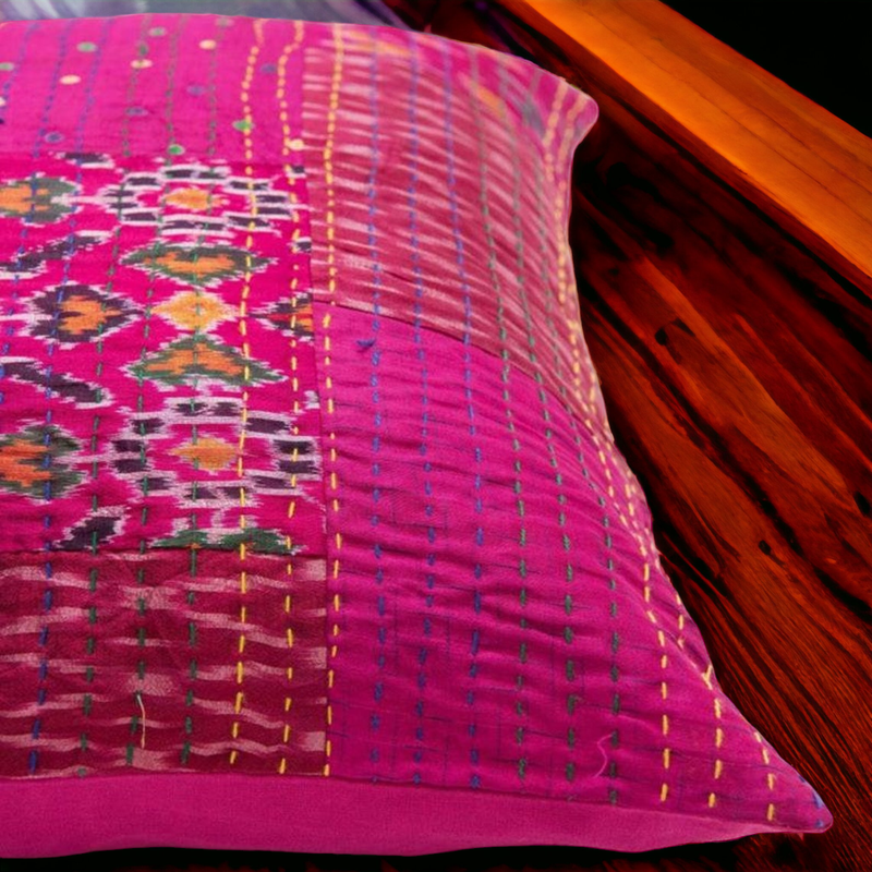 Handmade Indian Embroidered Patchwork Cotton Cushion Cover - 16x16 Inch (40x40 cm) - Artisan Home Decor for Sofa, Couch, Floor, Meditation & Ottoman - 5