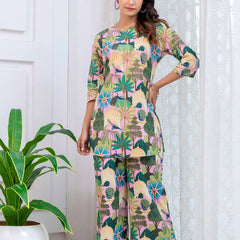 Women's Cotton Co-ord Set - Casual Summer Two-Piece Lounge Tracksuit in Pink with Botanical Print