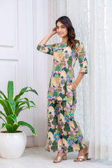 Women's Cotton Co-ord Set - Casual Summer Two-Piece Lounge Tracksuit in Pink with Botanical Print