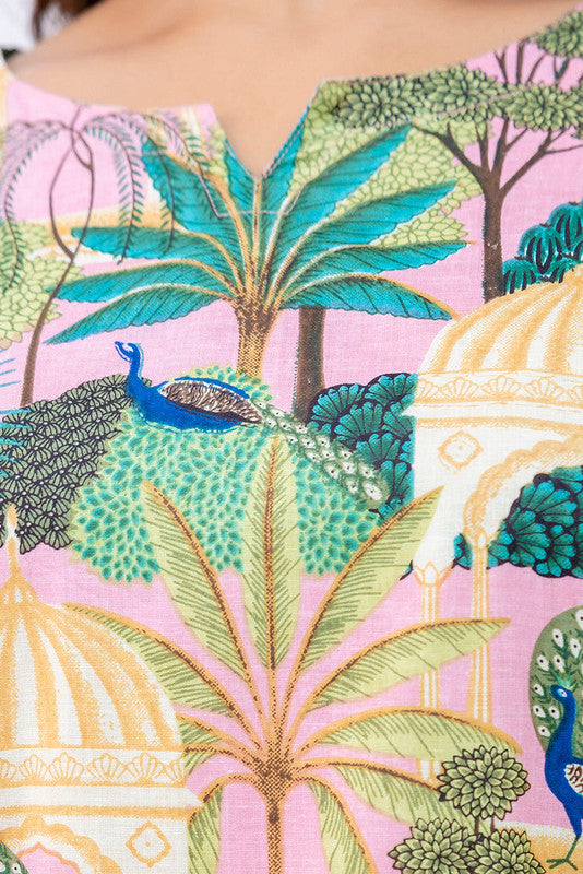 Women's Cotton Co-ord Set - Casual Summer Two-Piece Lounge Tracksuit in Pink with Botanical Print