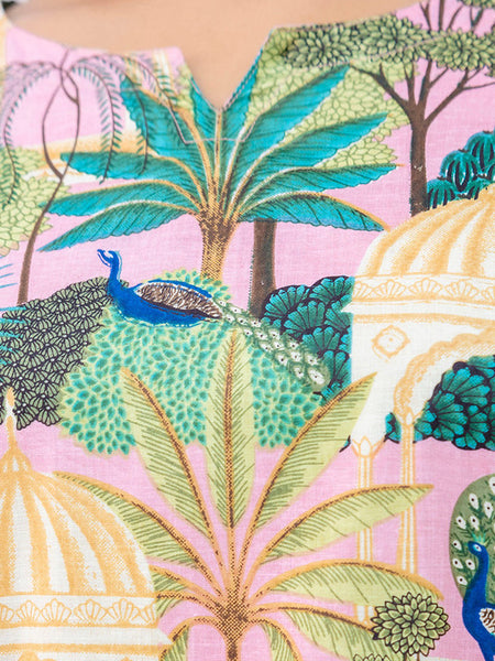 Women's Cotton Co-ord Set - Casual Summer Two-Piece Lounge Tracksuit in Pink with Botanical Print