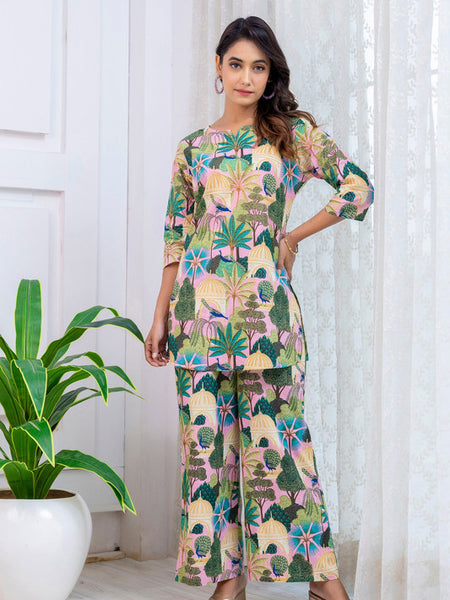 Women's Cotton Co-ord er Pink & Floral Print Cotton Co-oSet - Casual Summrd Set for a Stylish Look