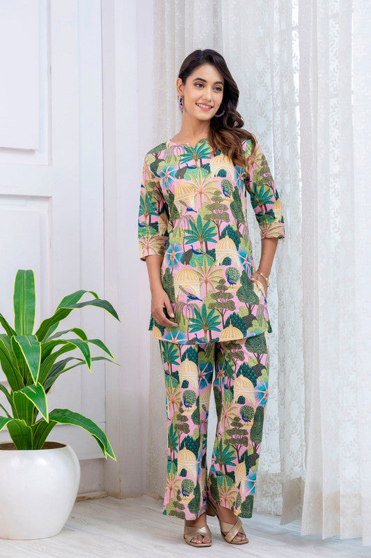 Women's Cotton Co-ord er Pink & Floral Print Cotton Co-oSet - Casual Summrd Set for a Stylish Look