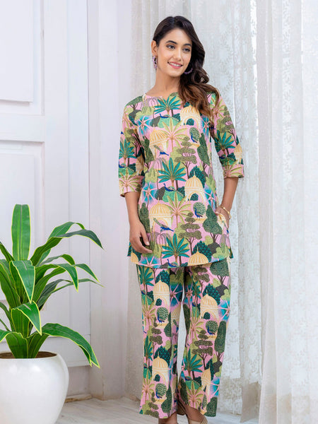 Women's Cotton Co-ord er Pink & Floral Print Cotton Co-oSet - Casual Summrd Set for a Stylish Look