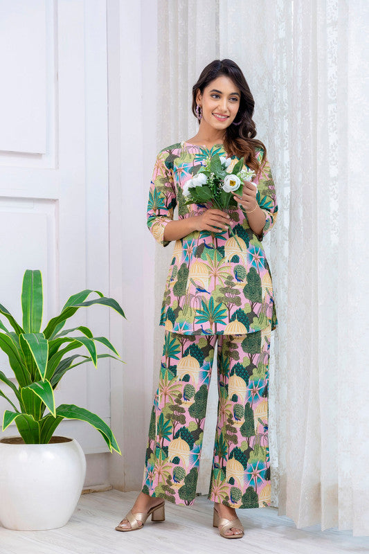 Women's Cotton Co-ord er Pink & Floral Print Cotton Co-oSet - Casual Summrd Set for a Stylish Look