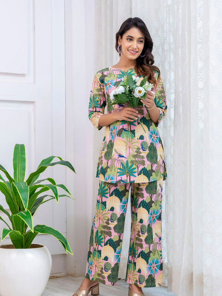 Women's Cotton Co-ord er Pink & Floral Print Cotton Co-oSet - Casual Summrd Set for a Stylish Look