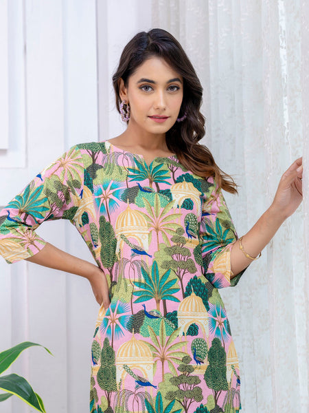 Women's Cotton Co-ord er Pink & Floral Print Cotton Co-oSet - Casual Summrd Set for a Stylish Look