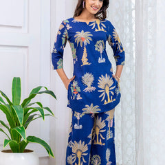 Women's Cotton Co-ord Set Casual Summer Blue Floral Print Co-ord Set for Effortless Style