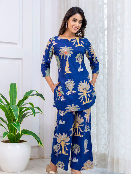 Women's Cotton Co-ord Set Casual Summer Blue Floral Print Co-ord Set for Effortless Style