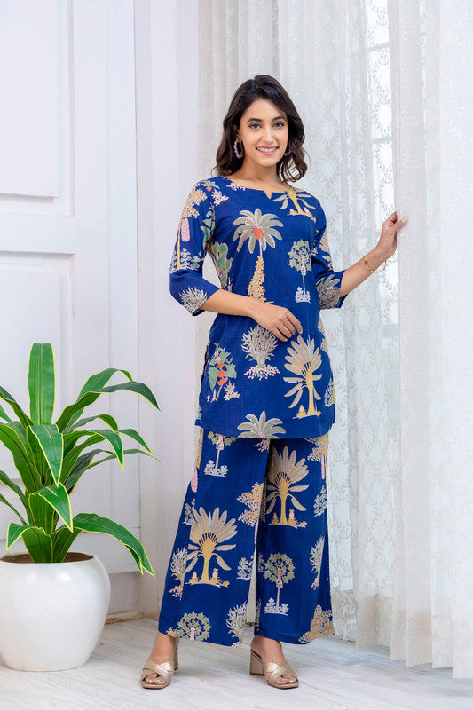 Women's Cotton Co-ord Set Casual Summer Blue Floral Print Co-ord Set for Effortless Style