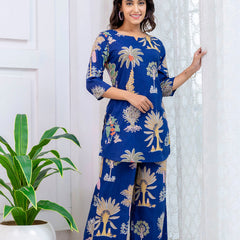 Women's Cotton Co-ord Set Casual Summer Blue Floral Print Co-ord Set for Effortless Style
