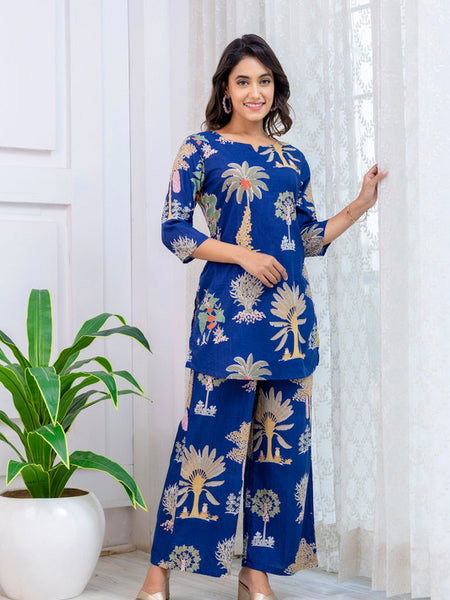 Women's Cotton Co-ord Set Casual Summer Blue Floral Print Co-ord Set for Effortless Style