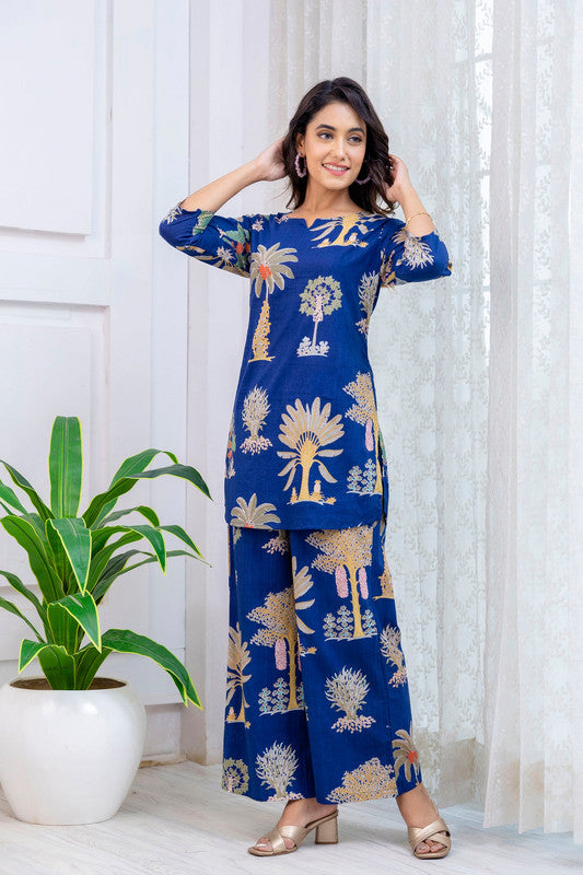 Women's Cotton Co-ord Set Casual Summer Blue Floral Print Co-ord Set for Effortless Style