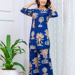Women's Cotton Co-ord Set Casual Summer Blue Floral Print Co-ord Set for Effortless Style