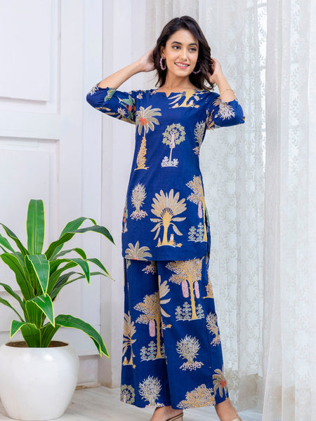 Women's Cotton Co-ord Set Casual Summer Blue Floral Print Co-ord Set for Effortless Style