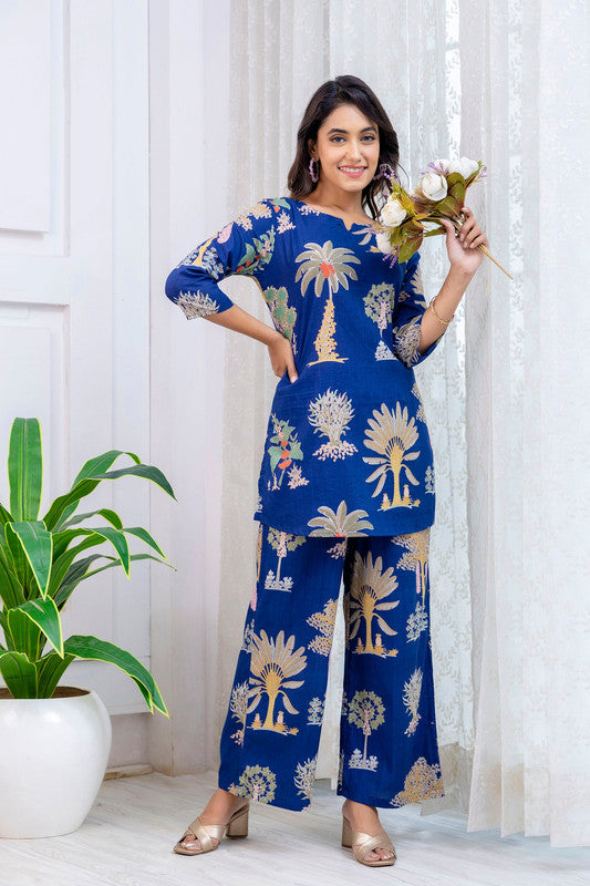 Women's Cotton Co-ord Set Casual Summer Blue Floral Print Co-ord Set for Effortless Style