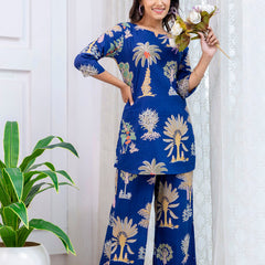 Women's Cotton Co-ord Set Casual Summer Blue Floral Print Co-ord Set for Effortless Style