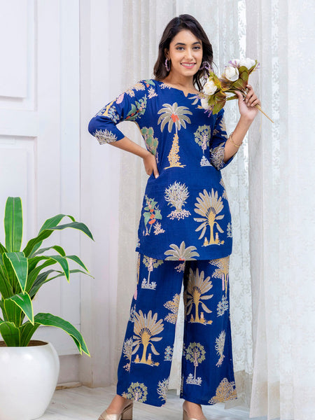Women's Cotton Co-ord Set Casual Summer Blue Floral Print Co-ord Set for Effortless Style