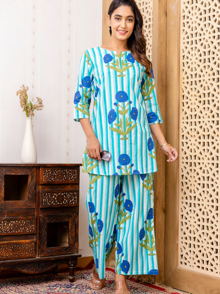 Women's Cotton Co-ord Set Casual Summer Two-Piece Floral Print Blue Cotton Co-ord Set for Effortless Style