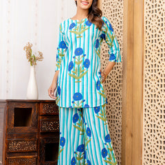 Women's Cotton Co-ord Set Casual Summer Two-Piece Floral Print Blue Cotton Co-ord Set for Effortless Style