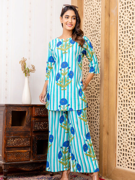Women's Cotton Co-ord Set Casual Summer Two-Piece Floral Print Blue Cotton Co-ord Set for Effortless Style