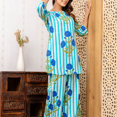 Women's Cotton Co-ord Set Casual Summer Two-Piece Floral Print Blue Cotton Co-ord Set for Effortless Style